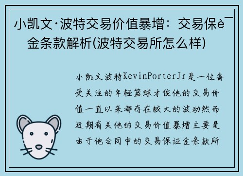 小凯文·波特交易价值暴增：交易保证金条款解析(波特交易所怎么样)